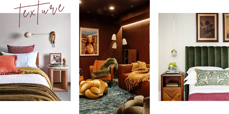 Examples of texture adding sensory appeal in interior design, showing bedroom and living spaces